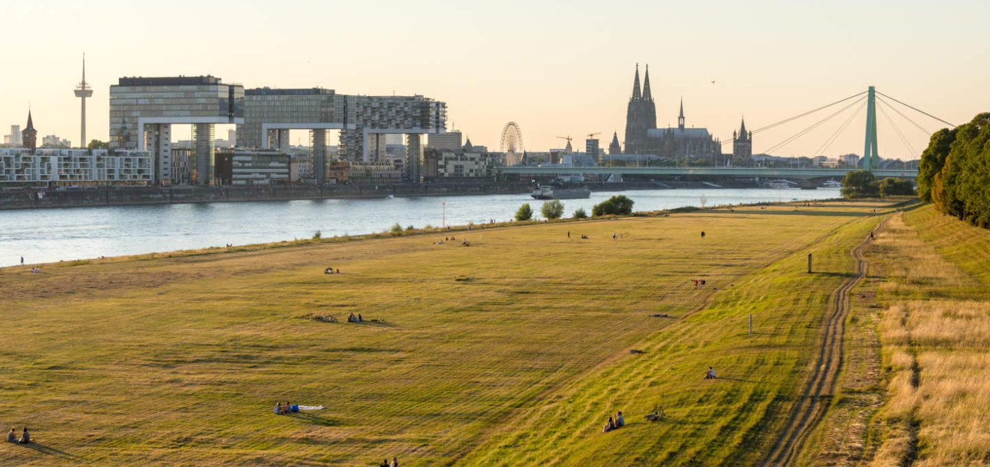 Blick auf die Kölner Skyline und die Poller Wiesen, wo vereinzelt Menschen im Gras liegen