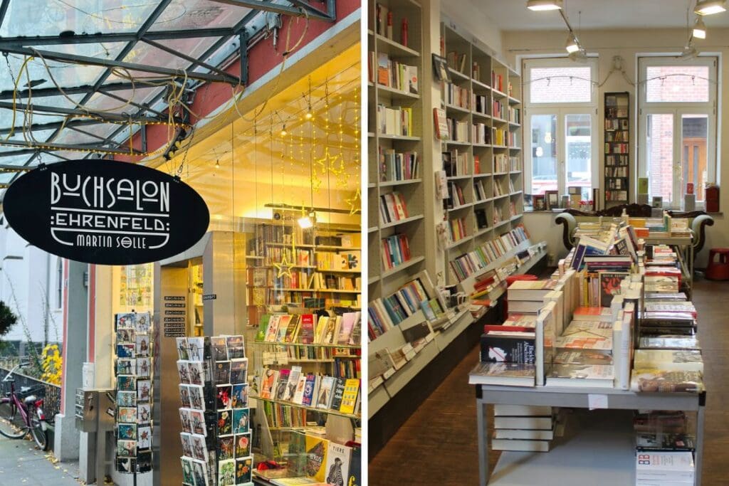 Der Buchsalon Ehrenfeld von außen und von innen.