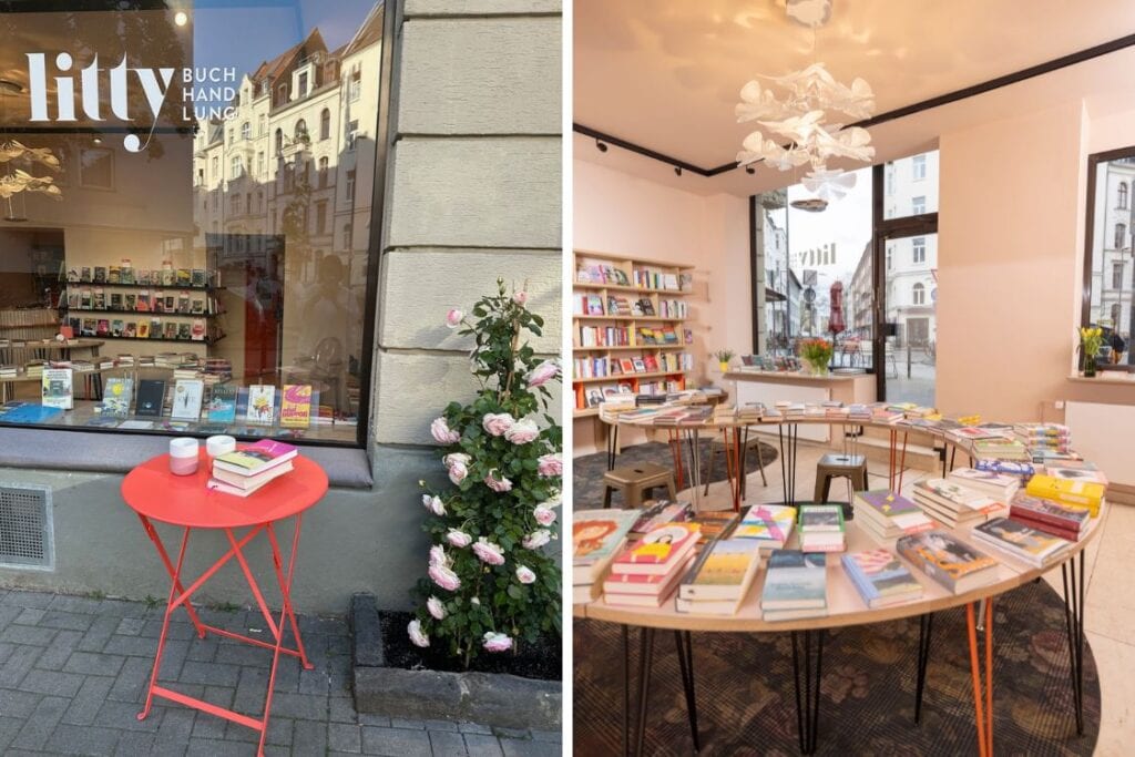 Die Buchhandlung Litty in Köln von außen und von innen mit geschlängelter Buchauslage.