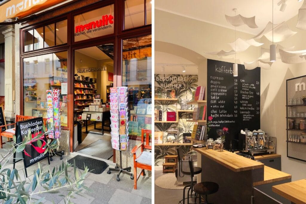 Die Buchhandlung manulit in Köln von außen und von innen mit Café.